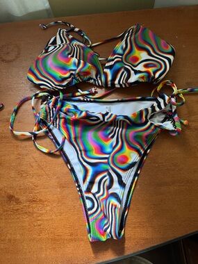 Rainbow Psychedelic String Bikini Set with crop top cover up
